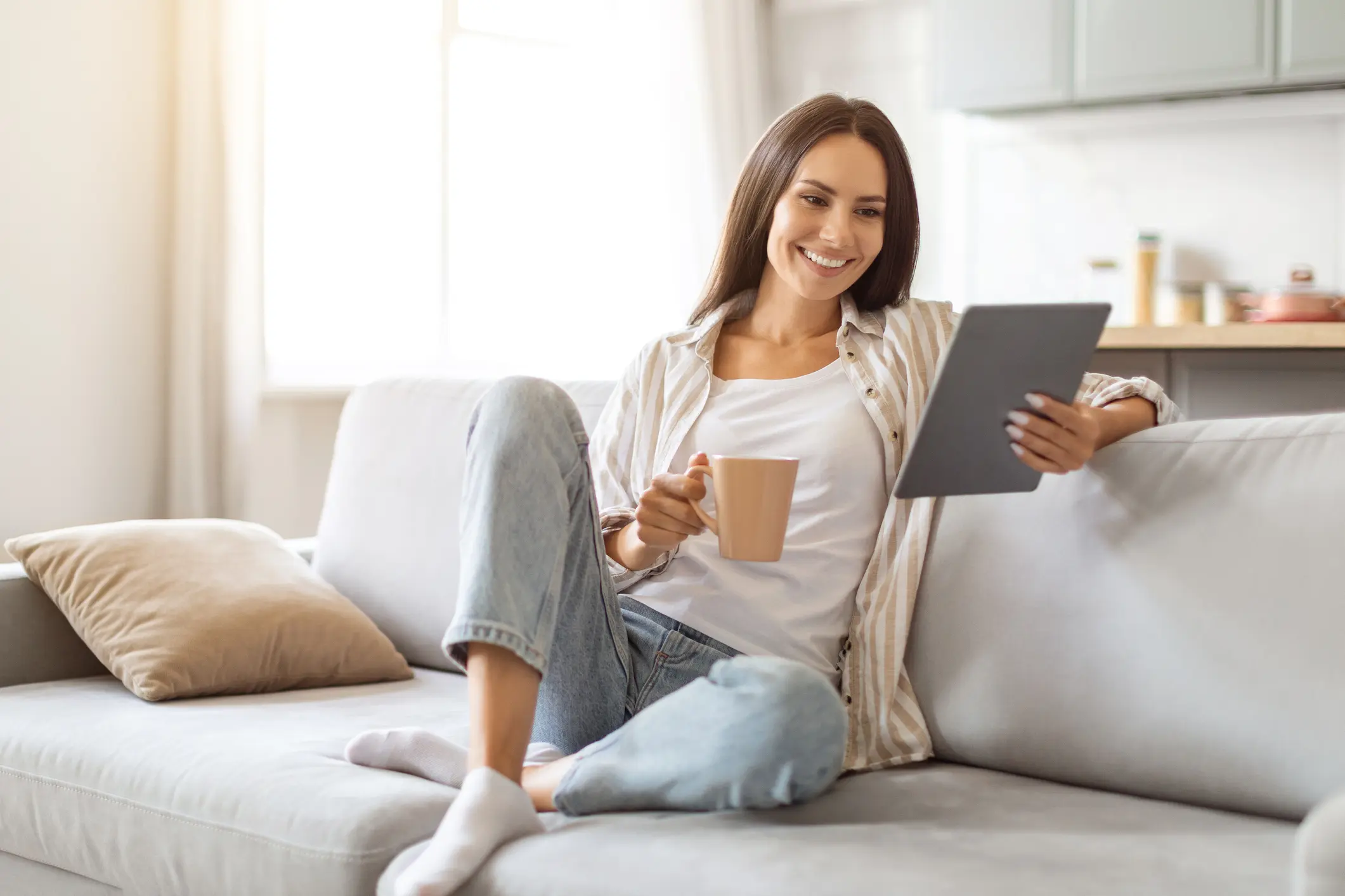 Cozy morning with tablet and coffee